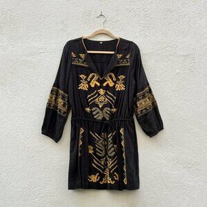 Free People Anouk Boho Black and Gold Embroidered Mini Dress Tunic Medium